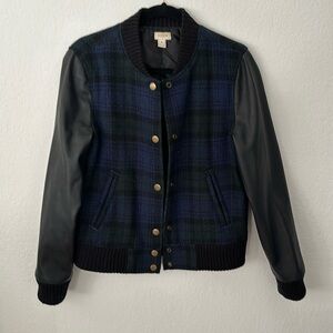 J Crew wool blend faux leather bomber jacket
